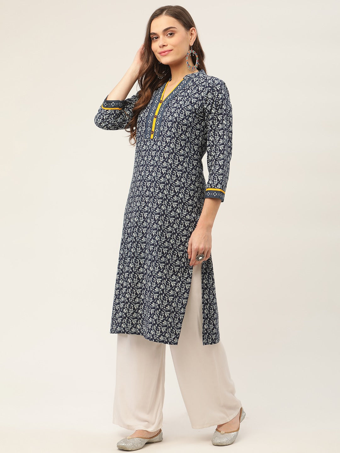 Women Indigo Blue Printed Straight Pure Cotton Kurta