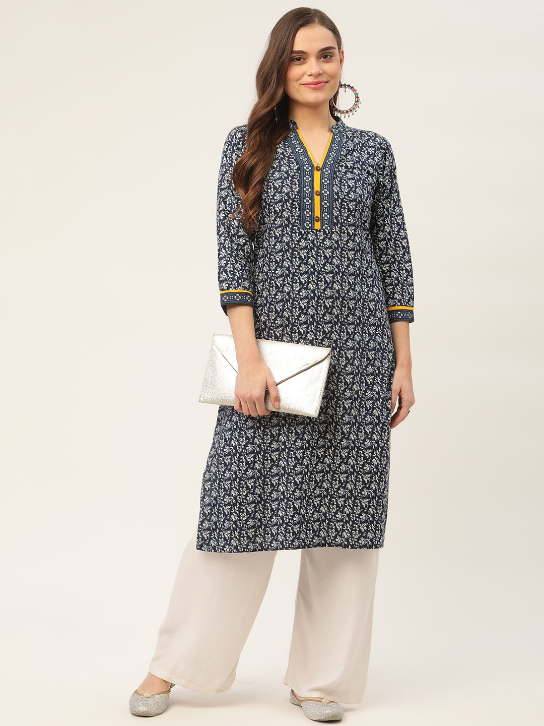 Women Indigo Blue Printed Straight Pure Cotton Kurta