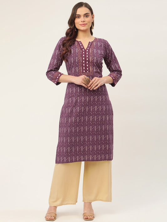 Women Purple Pure Cotton Ikat Printed Kurtas