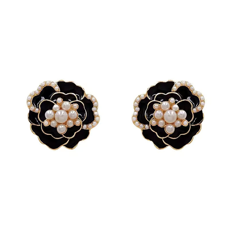 Korean Fashion Black Pearl Camellia Flower Earrings