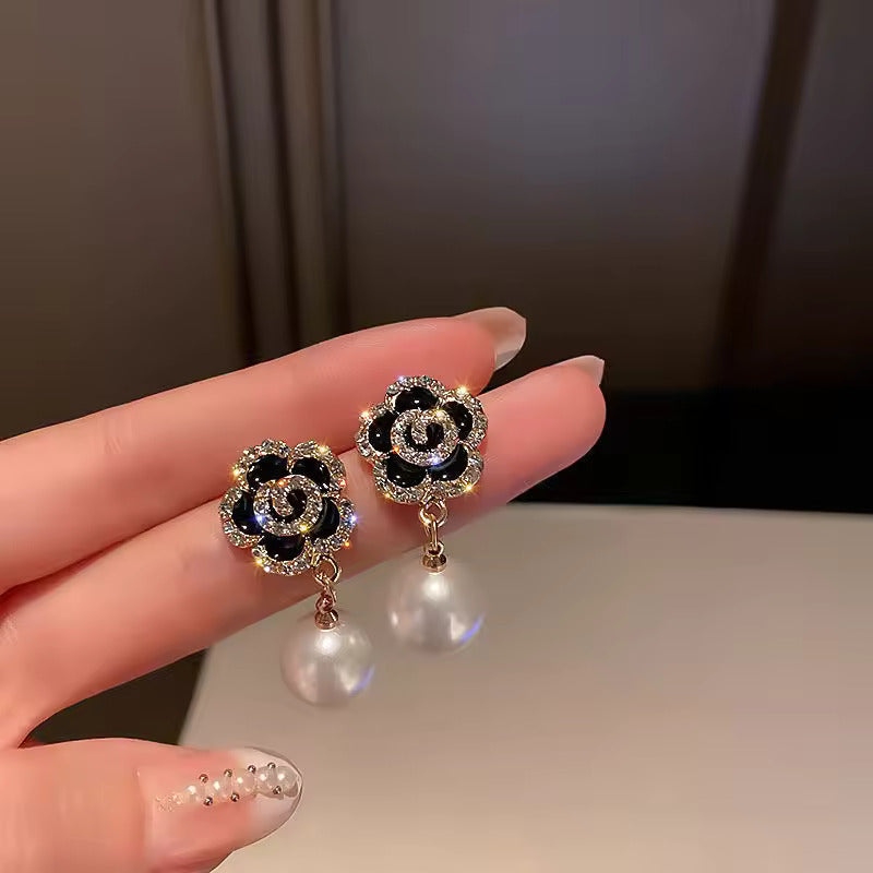 Korean Style Black Camellia Flower Pearl Drop Earrings For Women