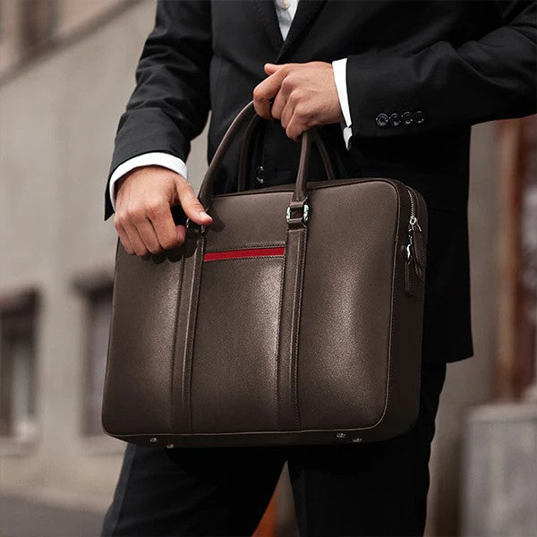 Manhattan Leather Briefcase - Brown & Racing Red