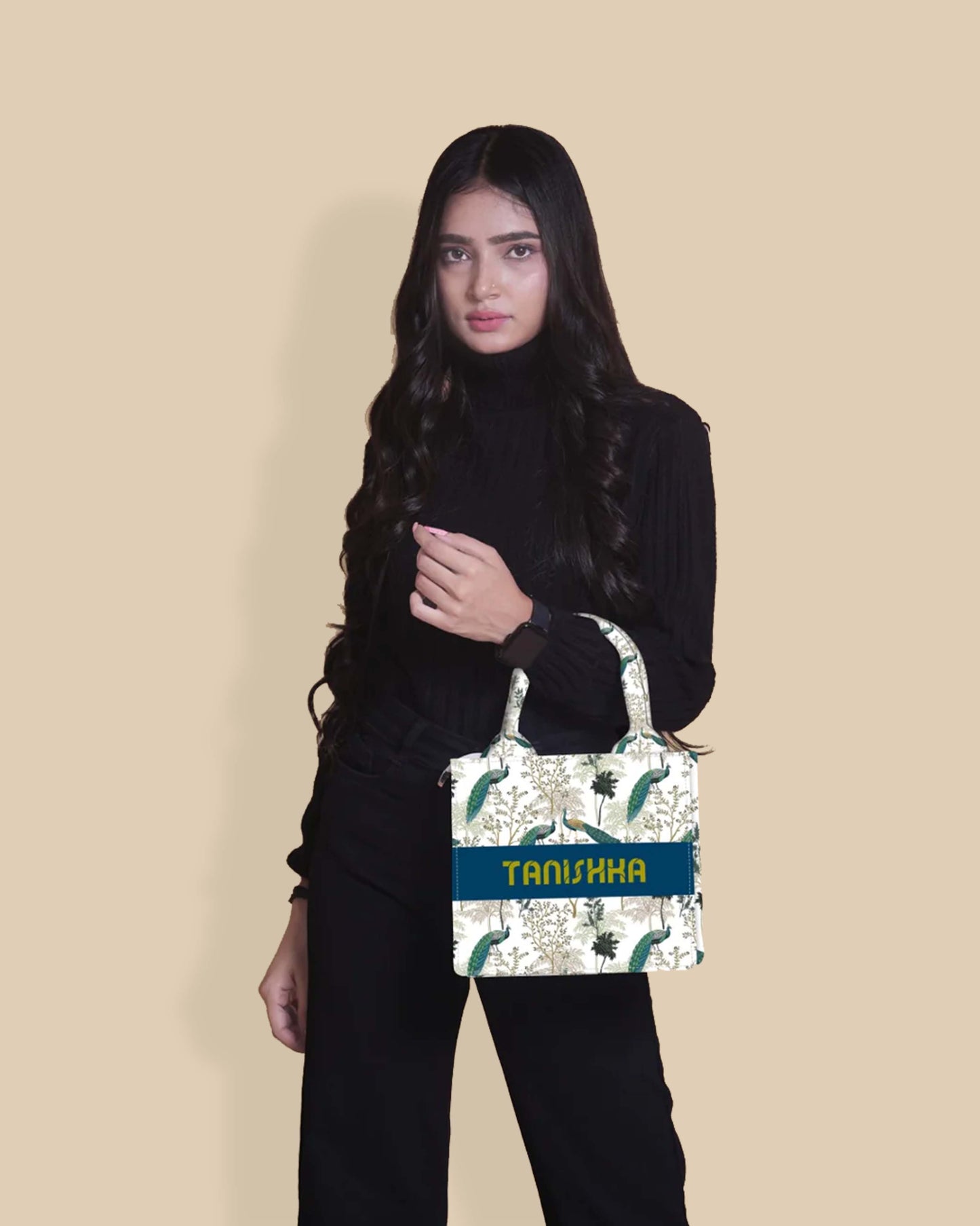 Customized Small Tote Bag Designed With Elegant Peacock And Summer Tree