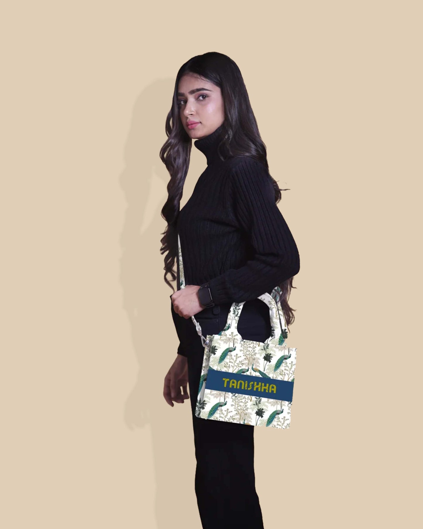 Customized Small Tote Bag Designed With Elegant Peacock And Summer Tree