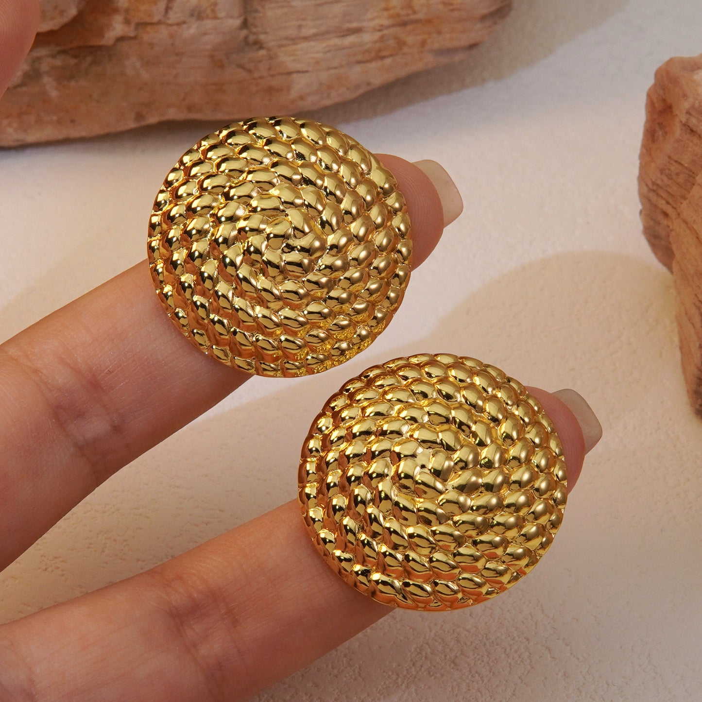 Anti-Tarnish 18K Gold Plated Stainless Steel Over Size Round Shaped Statement Stud Earring