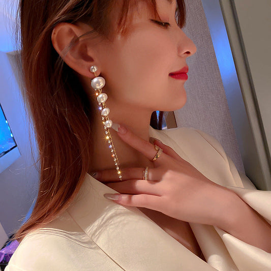 Pearl Chain Inlay Rhinestones Women's Drop Earrings