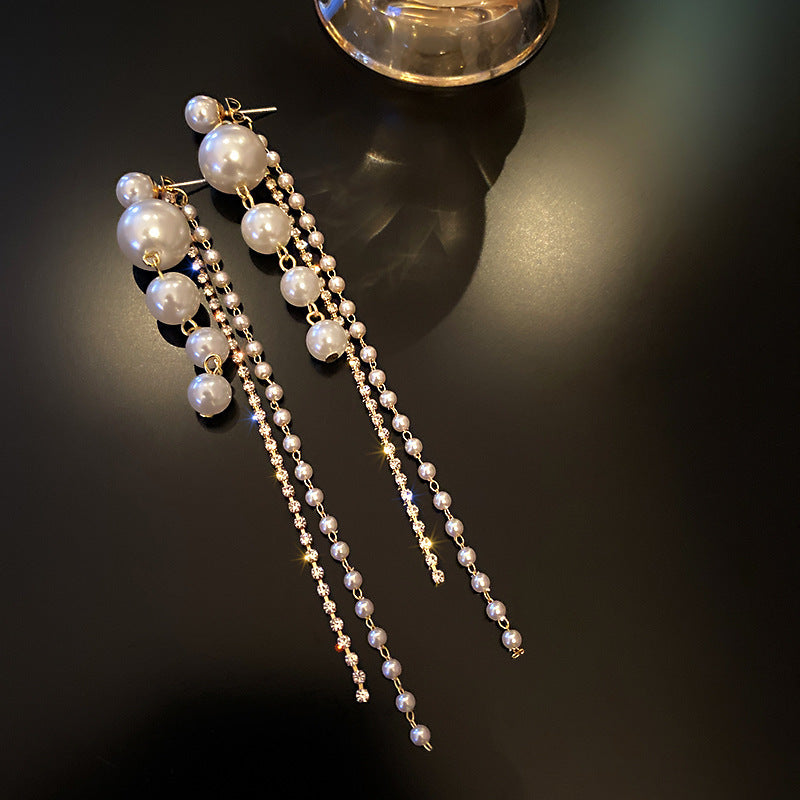 Pearl Chain Inlay Rhinestones Women's Drop Earrings
