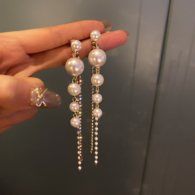 Pearl Chain Inlay Rhinestones Women's Drop Earrings