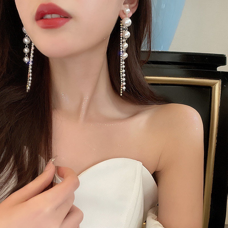 Pearl Chain Inlay Rhinestones Women's Drop Earrings