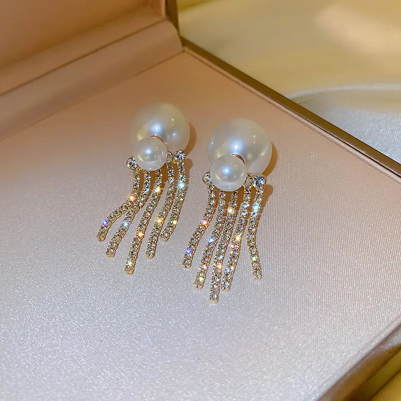 Pearl Inlaid Diamond Fringe Tassel Double Stud Earrings