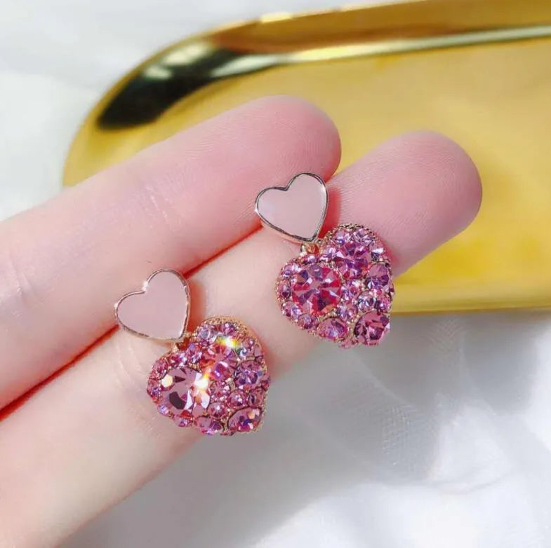 Pink Color Heart Shaped Rhinestone Drop Earring