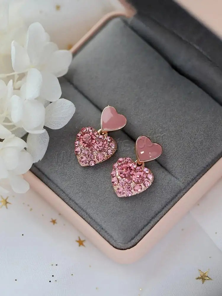Pink Color Heart Shaped Rhinestone Drop Earring