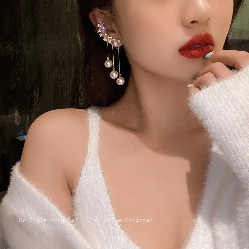 Rhinestone  Asymmetric Tassels Pearl Ear Clip Earrings for women
