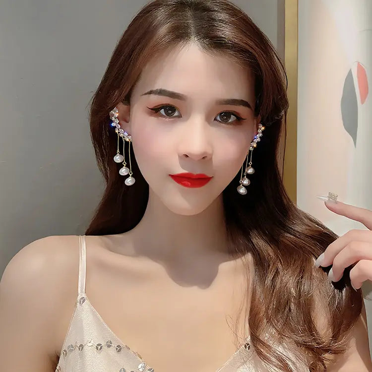Rhinestone  Asymmetric Tassels Pearl Ear Clip Earrings for women