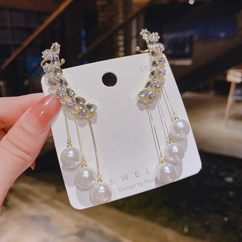 Rhinestone  Asymmetric Tassels Pearl Ear Clip Earrings for women