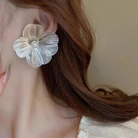 Silver Plated European Style Metal Flower Stud Earring
