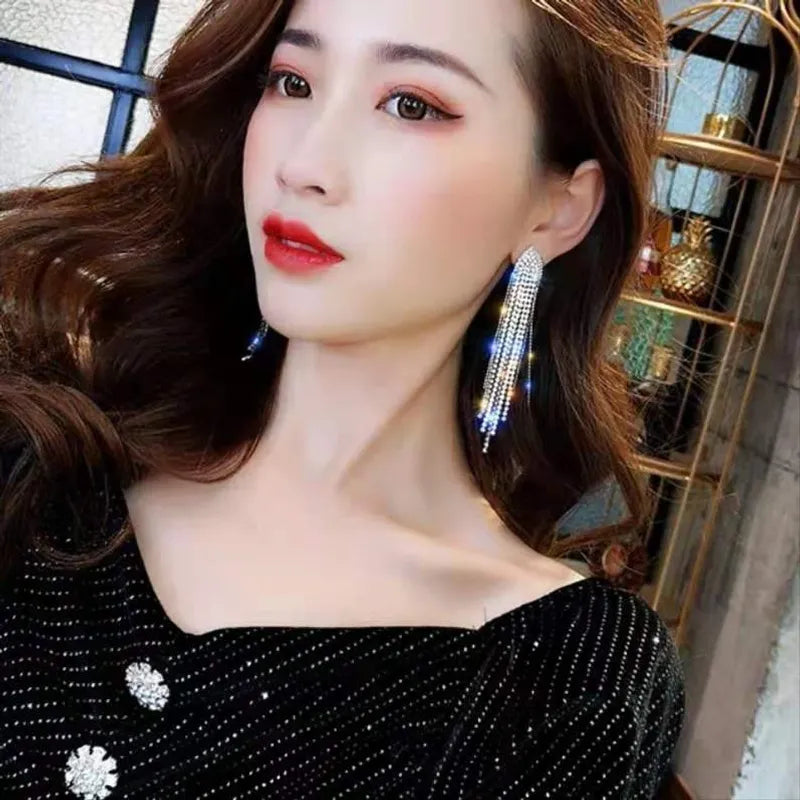 Silver Plated Glamorous Party Rhinestone Long Tassel Earrings