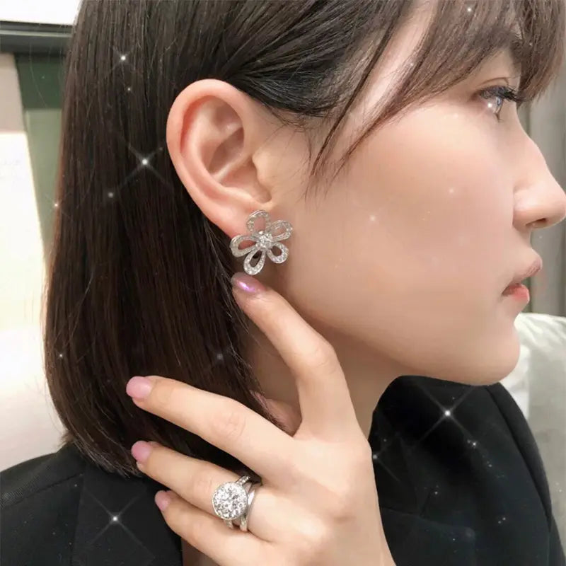 Silver Plated Rhinestone Sunflower Stud Earrings