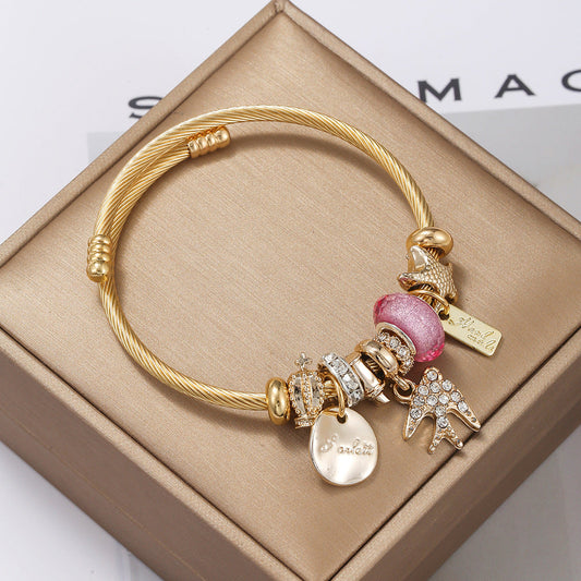 Simple Style Letter Gold Plated Stainless Steel Anti-Tarnish Beaded Bangle