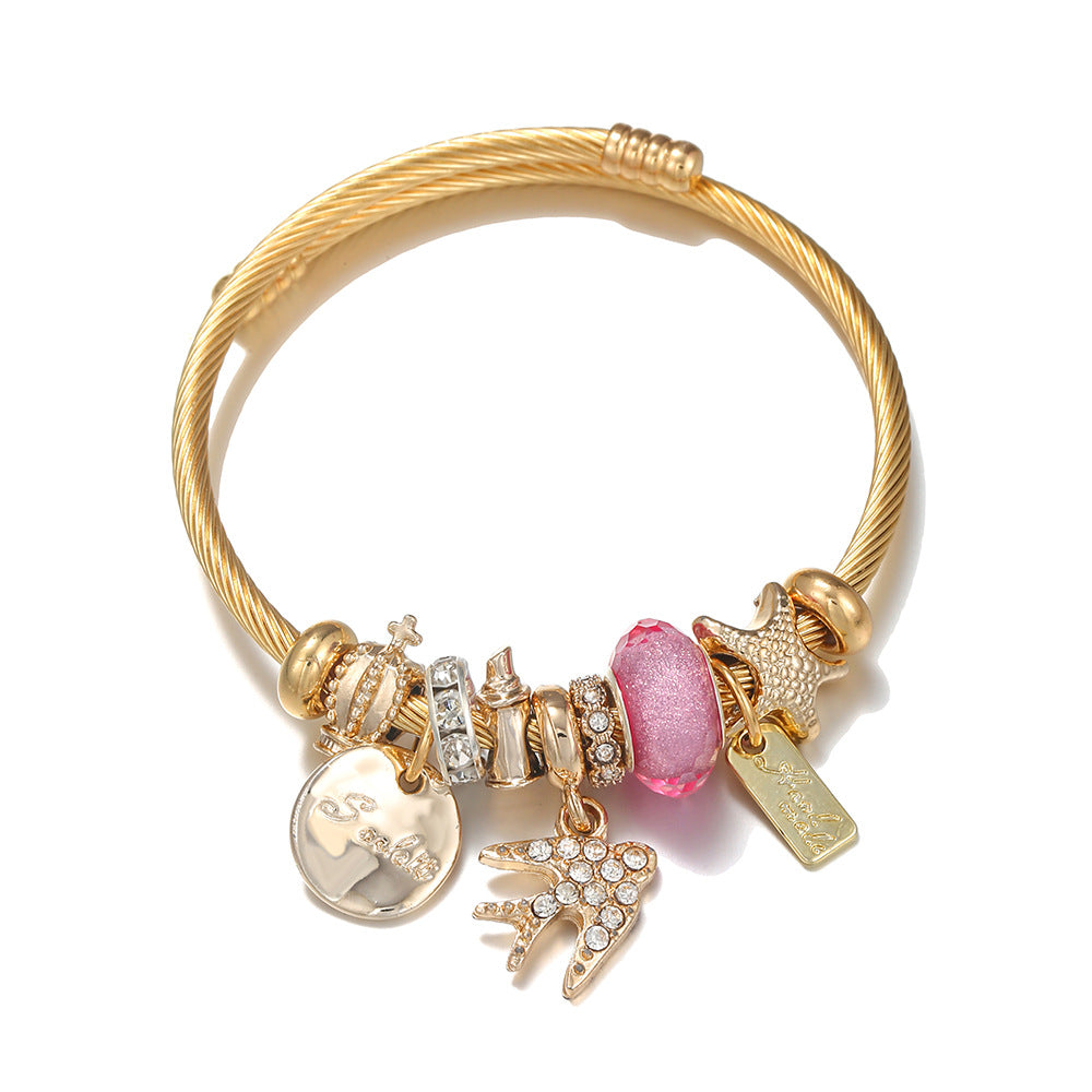 Simple Style Letter Gold Plated Stainless Steel Anti-Tarnish Beaded Bangle