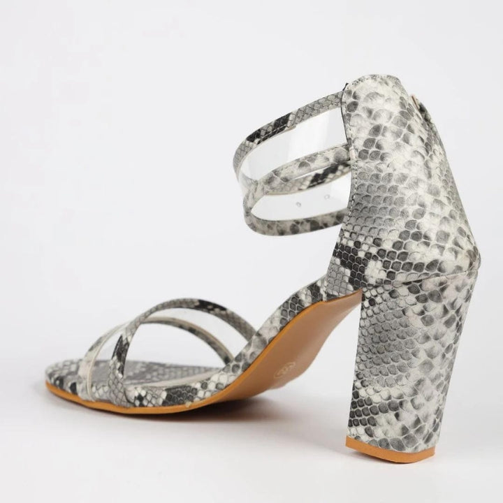 Grey Snake Print Block Heels