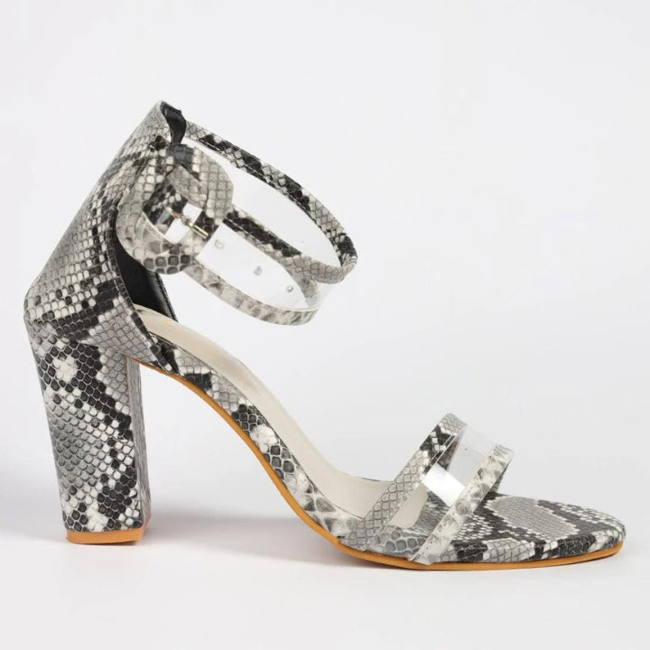 Grey Snake Print Block Heels