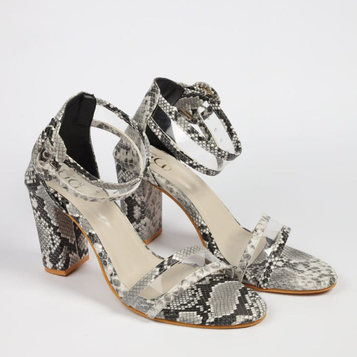 Grey Snake Print Block Heels