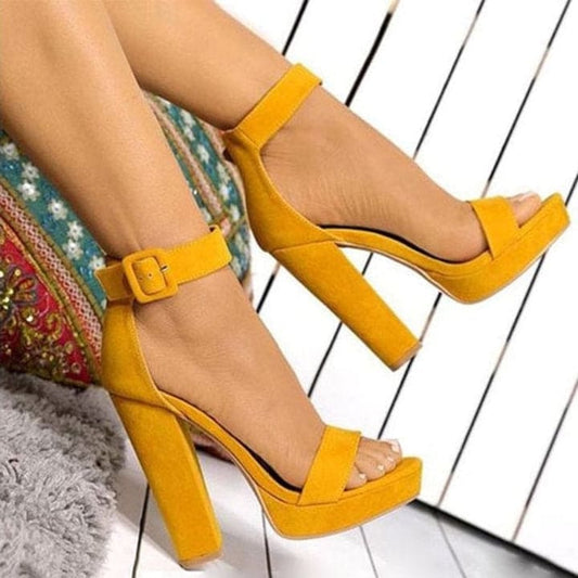 Open Toe Mustard Block High Heels
