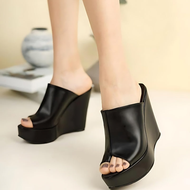 Noir Elegance Open Toe Wedges