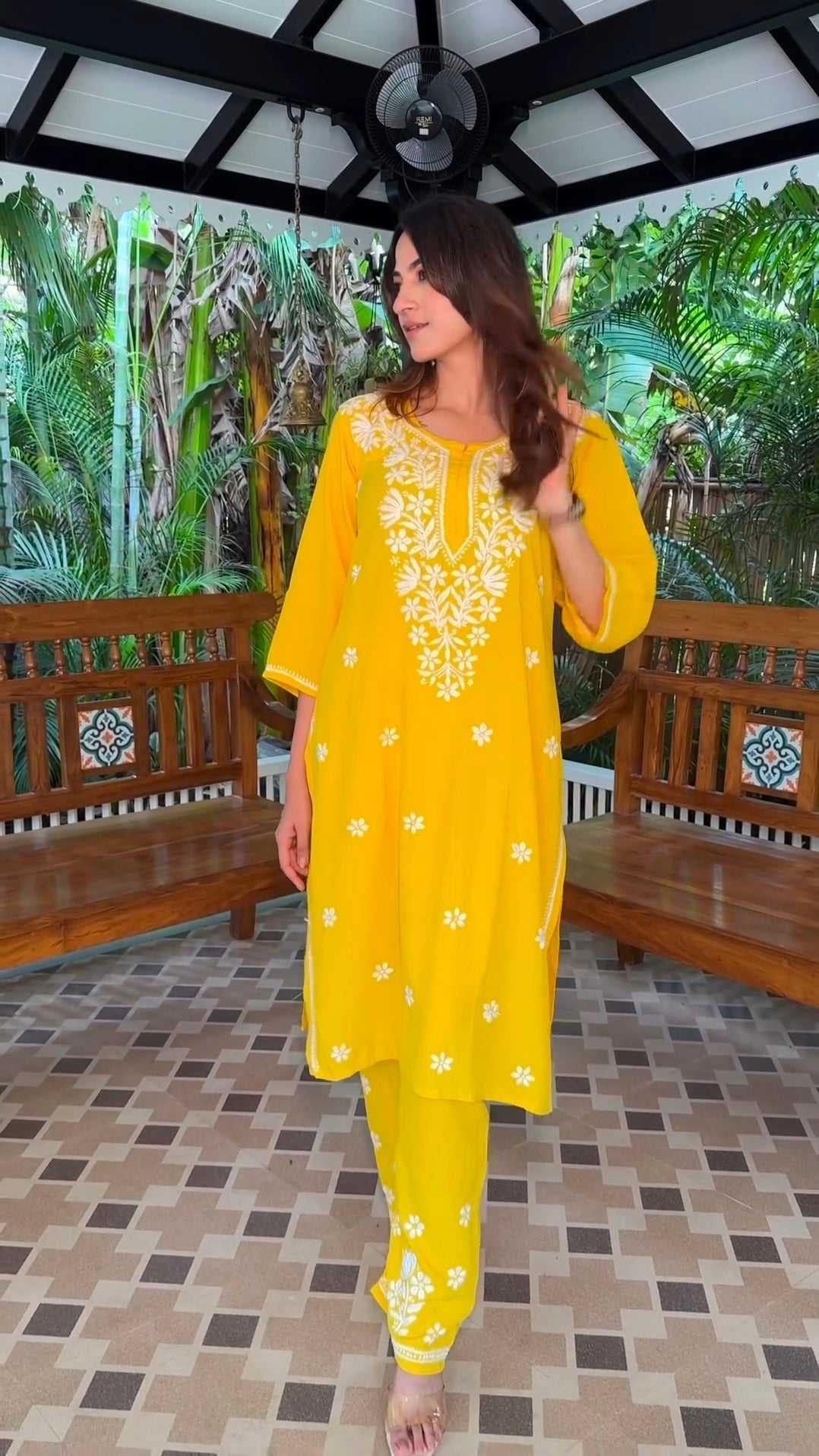 Chikankari Cotton Straight Kurta Set For Women(Yellow)