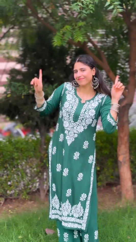New LUCKNOW CHIKANKARI EXCLUSIVE KURTI_PENT PAIR DESIGN (Dark Green)