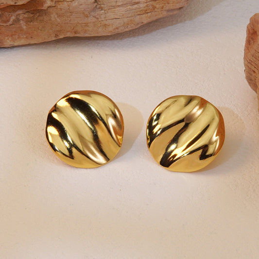 Anti-Tarnish Stainless Steel Wave Pattern Round Shape 18K Gold Plated  Stud Earrings for Women