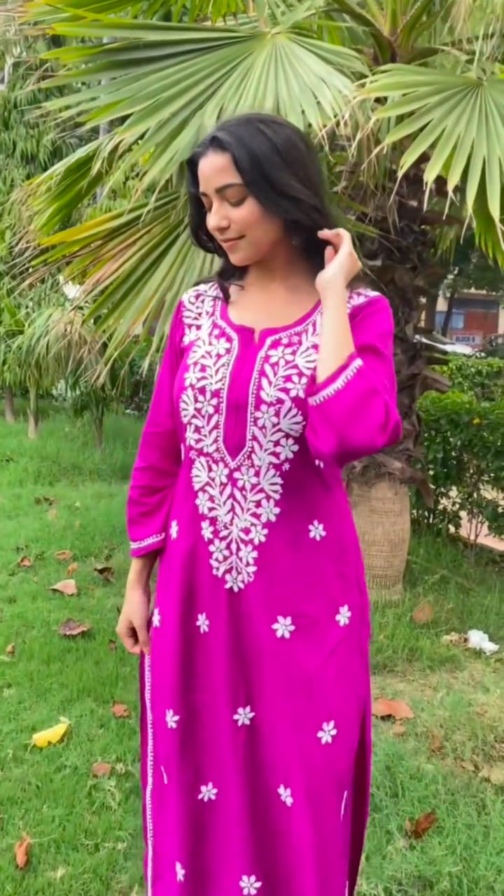 Chikankari Cotton Straight Kurta Set For Women (Rani Pink)