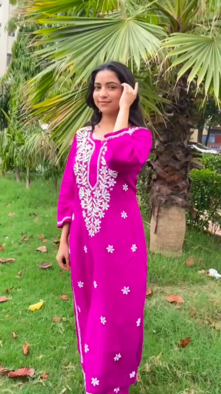 Chikankari Cotton Straight Kurta Set For Women (Rani Pink)