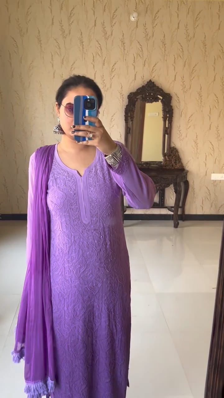 Lucknow Chikankari Handwork Embroidered Kurta Plazzo and Duppatta (Purple)