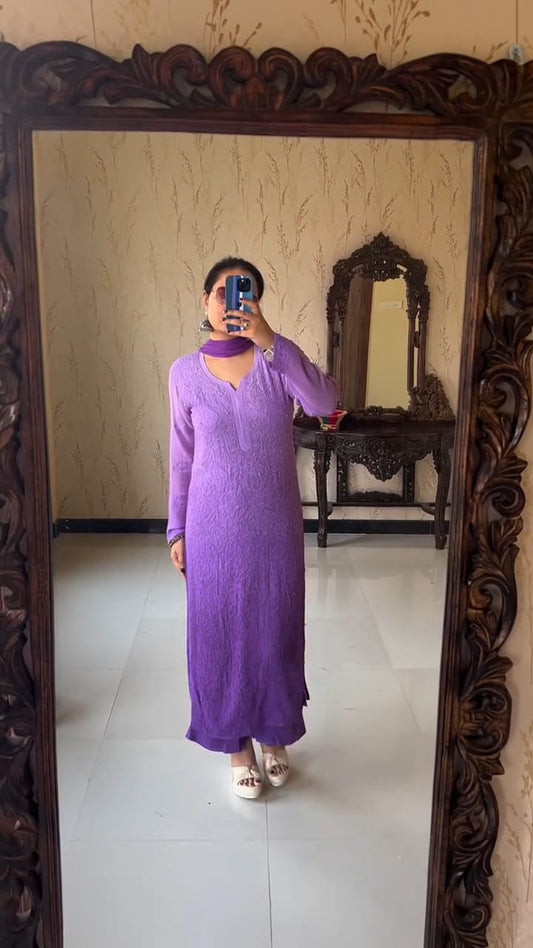 Lucknow Chikankari Handwork Embroidered Kurta Plazzo and Duppatta (Purple)