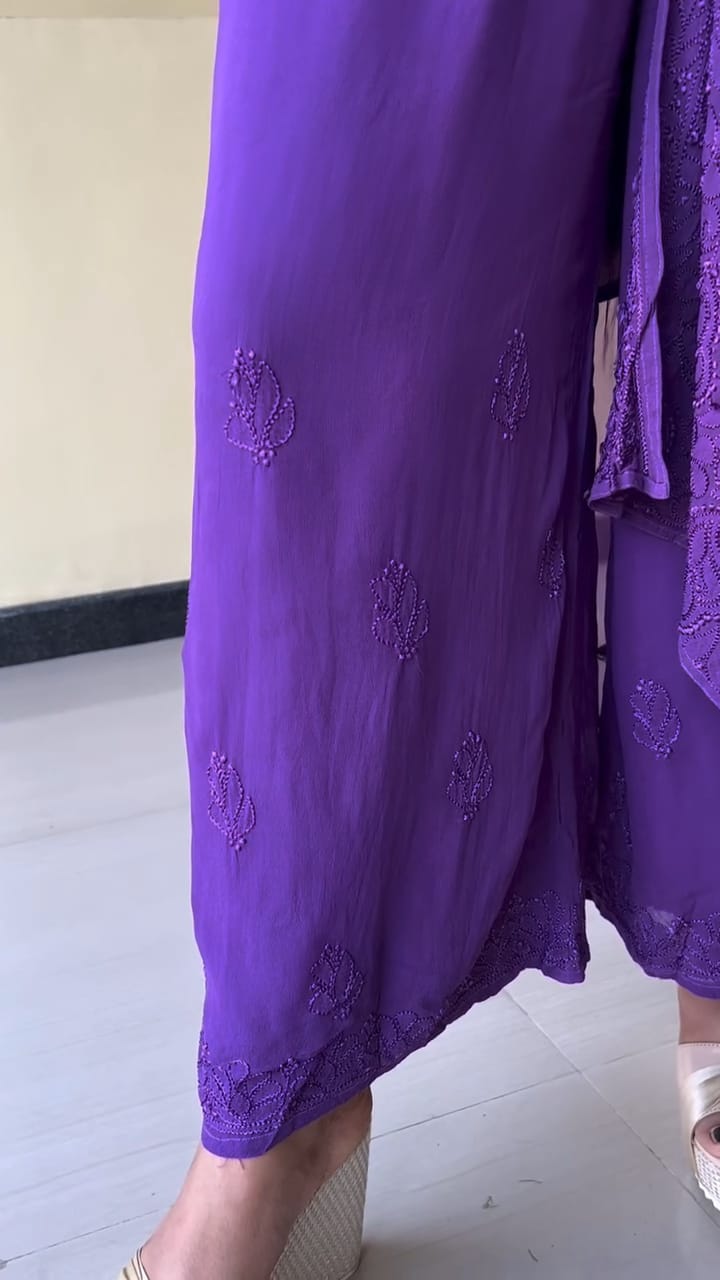 Lucknow Chikankari Handwork Embroidered Kurta Plazzo and Duppatta (Purple)