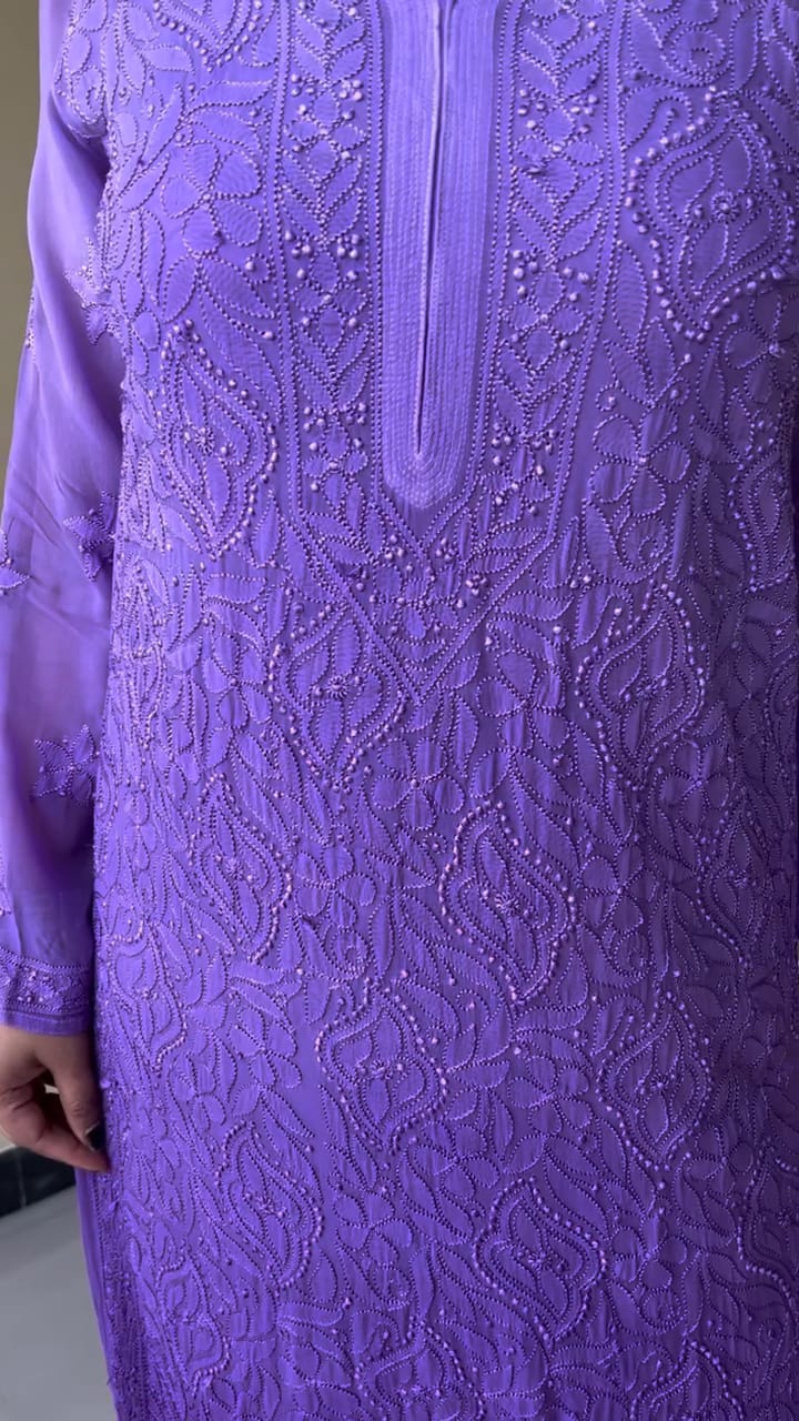 Lucknow Chikankari Handwork Embroidered Kurta Plazzo and Duppatta (Purple)
