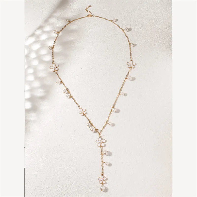 White Flower Pearl Enamel  Sweater Long Chain Necklace