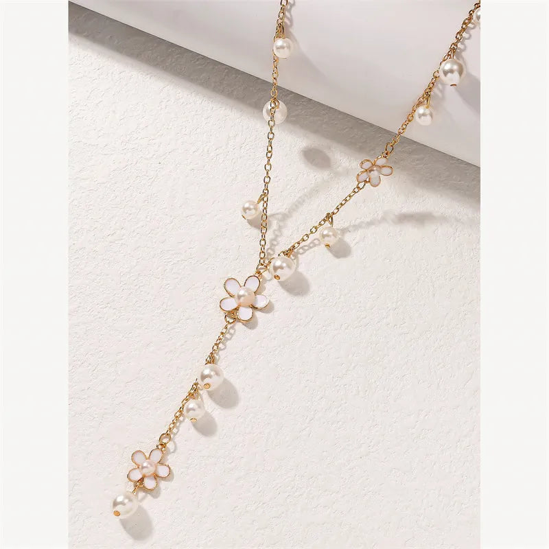 White Flower Pearl Enamel  Sweater Long Chain Necklace