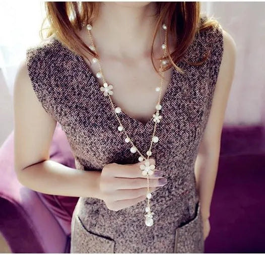 White Flower Pearl Enamel  Sweater Long Chain Necklace