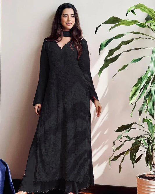 New Viscose Georgette Chikankari Kurta With Palazzo And Dupatta (Black)