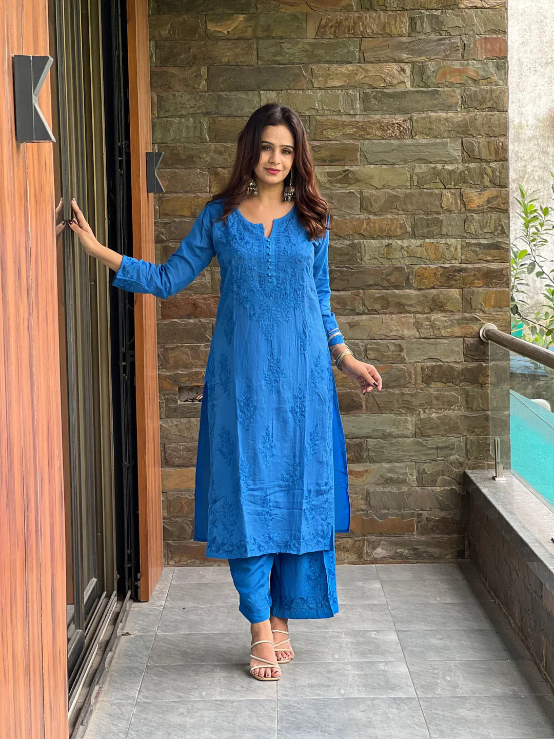 Lucknow Chikankari Handwork Embroidered Kurta Plazzo ( Blue)
