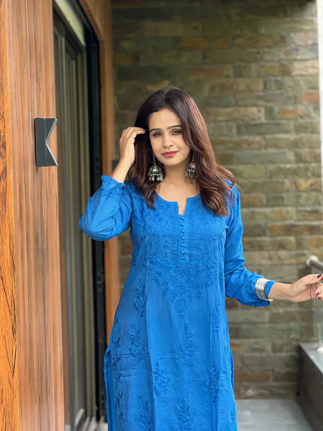 Lucknow Chikankari Handwork Embroidered Kurta Plazzo ( Blue)