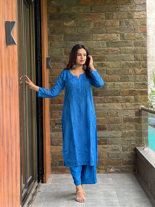 Lucknow Chikankari Handwork Embroidered Kurta Plazzo ( Blue)