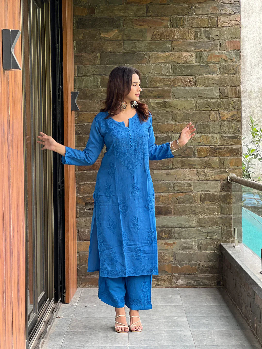 Lucknow Chikankari Handwork Embroidered Kurta Plazzo ( Blue)