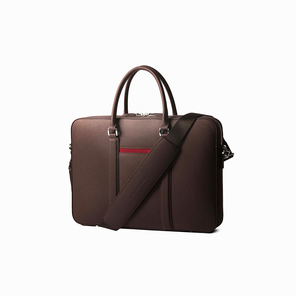 Manhattan Leather Briefcase - Brown & Racing Red