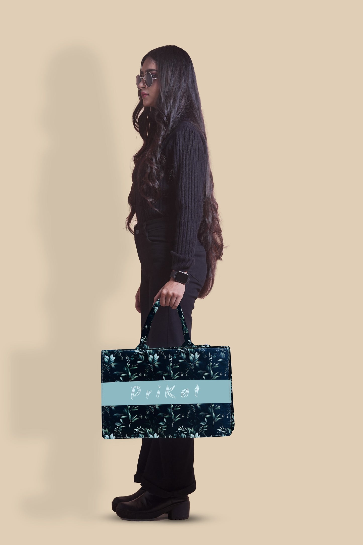 Customized Tote Bag  Designed with Black Boho Leaf